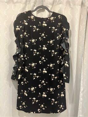 Club Monaco Black Floral Ruffle-Sleeve Women's Dress